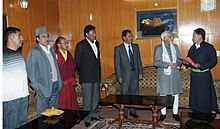 Ladakhi politicians of LAHDC and LUTF with former Vice President of India Mohammad Hamid Ansari The Chairman, LAHDC, Shri Tsering Dorjey and the Working President, LUTF, Dr Sonam Dawa Lonpo with a delegation of Ladakh Union Territory Front, meeting the Vice President, Shri Mohd. Hamid Ansari, at Leh.jpg