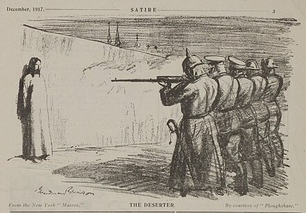 The Deserter, 1916: Anti-war cartoon depicting Jesus facing a firing squad with soldiers from five European countries