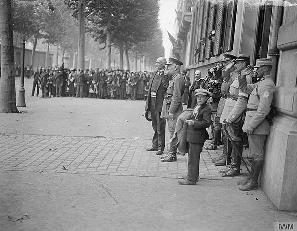 The Mayor of Lille and Lieutenant-General Richard Haking, GOC XI Corps, saluting the British national anthem outside the "Préfecture du Nord" at Lille