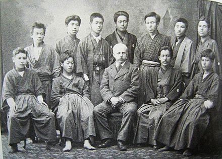 Thomas Corwin Mendenhall, the first physics teacher in Tokyo, Japan with his interpreter Kikuchi (right) and grad students c. 1880
