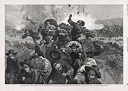 An illustration of the Rock Springs massacre of 1885, in which at least 28 Chinese immigrants were killed Thure de Thulstrup - The Massacre of the Chinese at Rock Springs.jpg