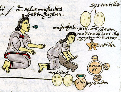 Aztec mother teaching her daughter to make tortillas. Codex Mendoza.