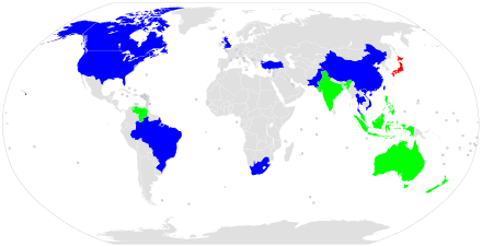 Countries and territories where the Toyota Corolla has been produced. Red indicates Japan, blue indicates countries where the Corolla is currently produced, and green indicates countries where the Corolla was formerly produced.