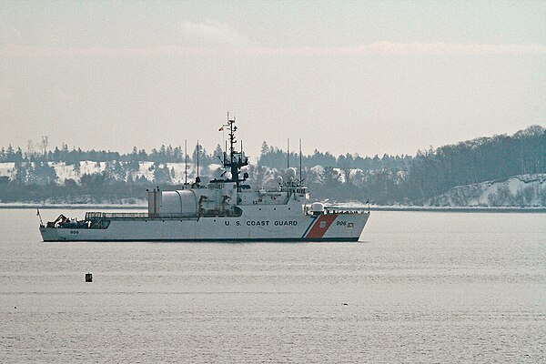The cutter USCGC Seneca in the Casco Bay in Falmouth, Maine. Chebeague and Little Chebeague Island are behind her.