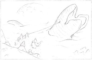 Czarno-biały szkic przedstawia artystyczną wizję krajobrazu oraz mieszkańców planety Arrakis. Widoczne humanoidalne gady przemierzające teren o nieregularnym, wypukłym ukształtowaniu. Na horyzoncie widać inne ciało niebieskie, którego powierzchnia pokryta jest kraterami.
