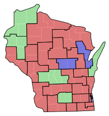 Senate partisan representation
Democratic: 6 seats
Progressive: 5 seats
Republican: 22 seats WI Senate Partisan Map 1945.svg