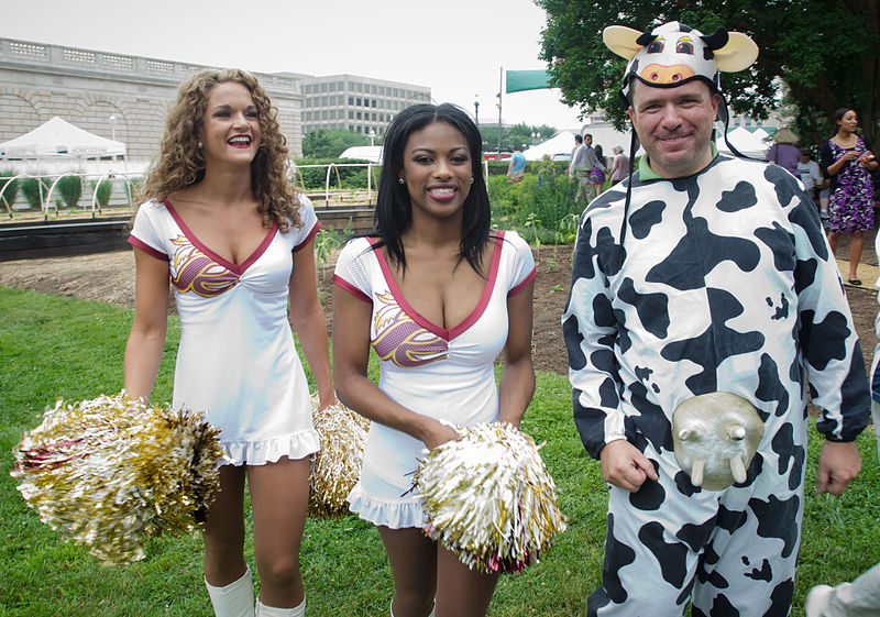 File:Washington Redskins cheerleaders and Agriculture Marketing Service, Dairy Program Marketing Research Specialist John Galbraith - 2012 USDA Farmers Market Opening.jpg