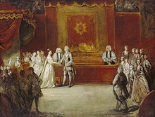 Wedding of George III and Princess Charlotte of Mecklenburg-Strelitz, oil sketch by Sir Joshua Reynolds, c. 1761 Wedding of George III.jpg