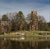 Boatwright Memorial Library viewed from across Westhampton Lake Westhampton Lake.jpg