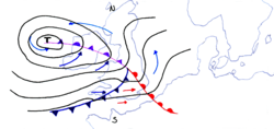 A typical North Atlantic low-pressure area moving across the British Isles Wetterkarte mit Okklusion.png