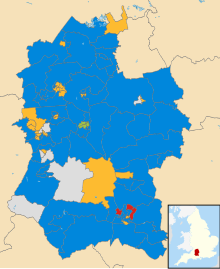 Results by electoral division. Key:
Conservative
Liberal Democrat
Labour
Independent
Devizes Guardians Wiltshire UK local election 2009 map.svg