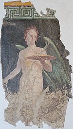 The late-antique Geniscus may be a form of the Roman Genius, pictured here in a 1st-century BC wall painting Winged genius Boscoreale Louvre P23.jpg