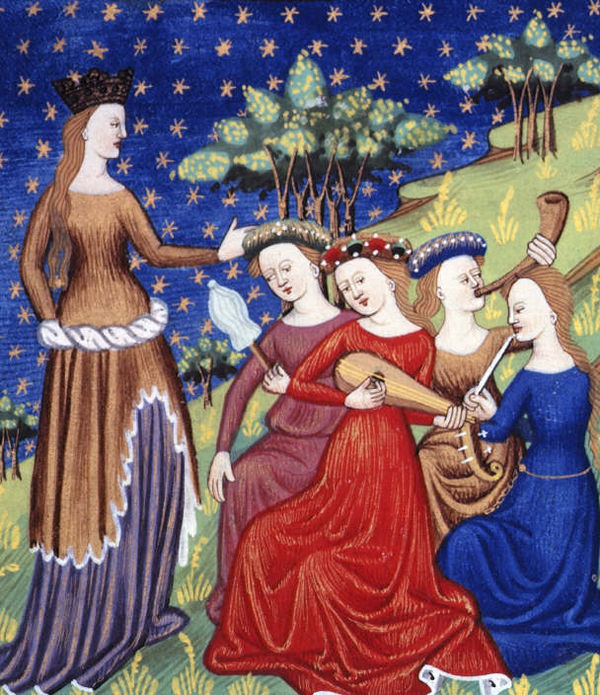 A miniature depicting a queen with four musicians from a c. 1440 illuminated version of the De Claris Mulieribus held by the British Museum