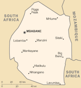 Kart over Kongeriket Eswatini