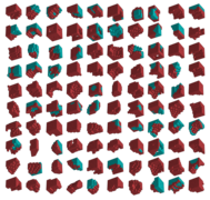 One hundred computer-designed blueprints for a walking organism composed of passive (cyan) and contractile voxels (red).