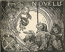 In basso a destra, tre uomini accovaciati a terra con aria sofferente, che si protendono verso pesci e frutta nella parte sinistra dell'immagine. In alto a destra, la scritta "Novelle"