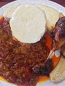 Cooked yam and plantain, with garden egg (eggplant) stew and chicken