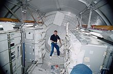 Cosmonaut Yuri Gidzenko in Leonardo in 2001 Yuri Gidzenko ISS Leonardo Module.jpg