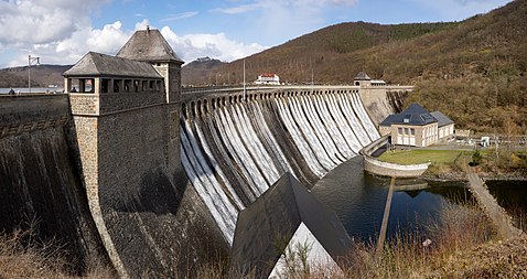 Overflowing Edersee Dam in spring 2021