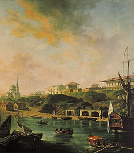 Картина «Вид города Николаева» (1799) Фёдора Алексеева. Собор слева