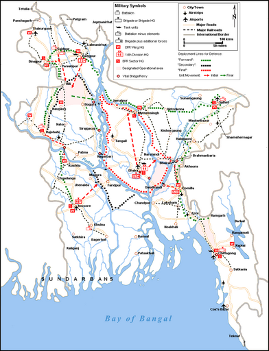 Pakistani Eastern Command plan for the defence of East Pakistan between 1967 and 1971. A generic representation, some unit locations are not shown. baaNlaadesher saamrik (1967-1971) priklpnaa.png