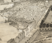 View of Third Baptist Church at water's edge, 1850 1850 BeaconHill BirdsEyeView Boston byJohnBachmann.png