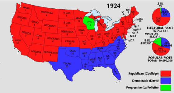 1924 United States presidential election; green denotes electoral votes won by Robert M. La Follette of the Progressive Party.