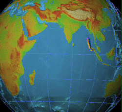 A sped-up animated graphic of Earth that shows tsunami waves as they ripple across the ocean, away from the earthquake epicenter.