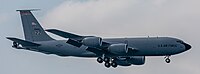 A KC-135R Stratotanker, tail number 63-8888, on final approach at Kadena Air Base in Okinawa, Japan in March 2020. It is assigned to the 909th Air Refueling Squadron at Kadena AB.
