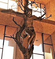 A closer view of the sculpture of Jesus Christ on the Cross in the chapel