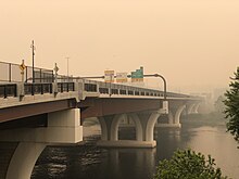 Wildfire smoke pollution, Delaware River, 2023 2023-06-07 17 34 40 Canadian wildfire smoke obscuring the view southwest along the Scudder Falls Bridge Shared-Use Path as it crosses the Delaware River from Ewing Township, New Jersey to Lower Makefield Township, Pennsylvania.jpg