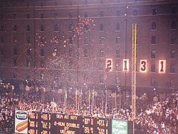 The numbers on the Orioles' warehouse changed from 2130 to 2131 to celebrate Cal Ripken Jr. passing Lou Gehrig's consecutive games played streak. 2131 on the warehouse wall.jpg