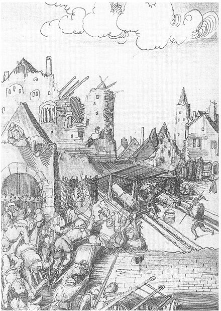 Illustration from Historia Friderici et Maximiliani, 1513–14. The 1462 siege of the Vienna citadel, in which the imperial family resided, by Albert VI, Frederick III's younger brother and Maximilian's uncle.
