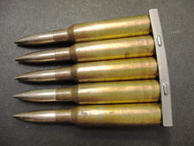 Swedish Mauser stripper clip loaded with Swedish 6.5x55mm 6.5x55mm Swedish surplus ammunition, produced in 1976.JPG