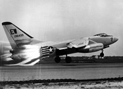VAH-3 A3D-1 Skywarrior makes a RATO takeoff from Naval Air Station Jacksonville, circa 1957 A3D-1 making rocket assisted takeoff at NAS Jacksonville.jpeg