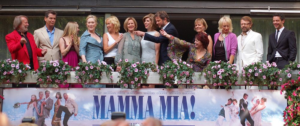 ABBA appeared together with the film's cast in 2008. (Left to right: Benny Andersson, Pierce Brosnan, Amanda Seyfried, Meryl Streep, Agnetha Fältskog, Anni-Frid Lyngstad, Christine Baranski, Colin Firth, Catherine Johnson, Phyllida Lloyd, Judy Craymer, Björn Ulvaeus and Dominic Cooper)
