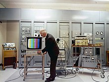 A colour television test at the Mount Kaukau transmitting station in February 1970. Colour television was formally introduced to New Zealand in 1973-1975. A Colour Television Test.jpg