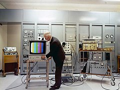 Image 18A color television test at the Mount Kaukau transmitter site, New Zealand in 1970.A test pattern with color bars is used to calibrate the signal. (from Color television)