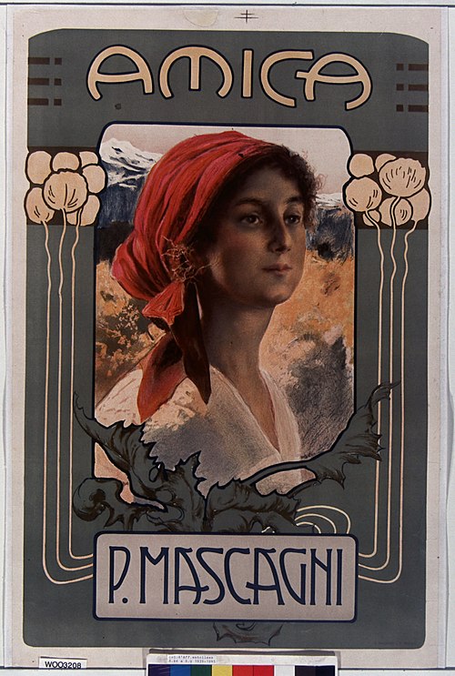 Amica poster, 1905, showing Geraldine Farrar who performed the title role in the Monte Carlo premiere.