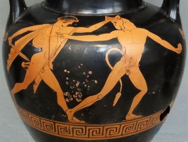 Amphora showing Theseus slaying the Minotaur, 460 BC. Ref:1837,0609.57 .