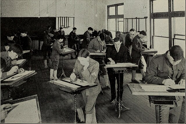 Engineering students taking a class in analytical geometry (1904)