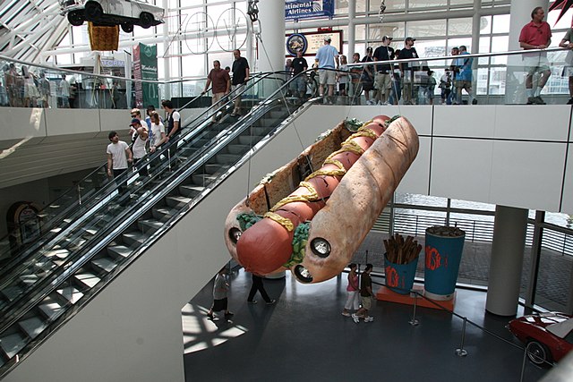 Phish's 1994 New Year's Eve hot dog float, hanging in the lobby of the Rock and Roll Hall of Fame in Cleveland, Ohio