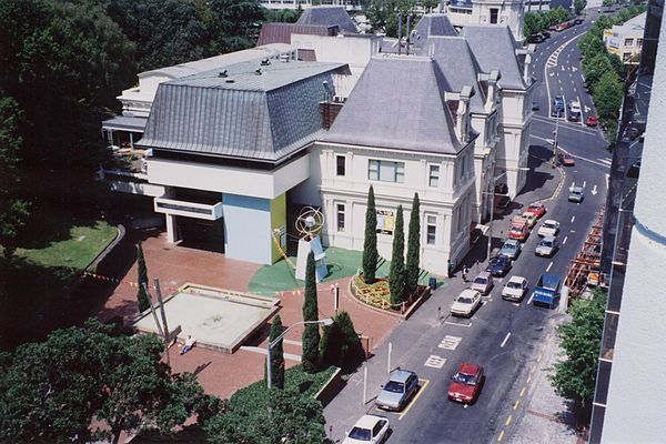 With the extension added in the 1970s, seen from a nearby parking building