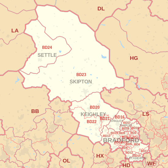 BD postcode area map, showing postcode districts, post towns and neighbouring postcode areas.