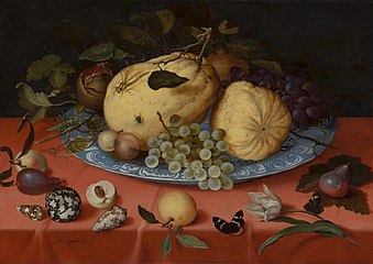 Hedelmäasetelma, kotiloita ja tulppaani, 1620, 46 × 64 cm, Mauritshuis, Haag.