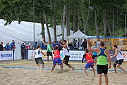 Deutsch: Beachhandball Europameisterschaften 2019 (Beach handball Euro); Tag 3: 4. Juli 2019 – Männer, Hauptrunde Gruppe I, Dänemark-Spanien 2:0 (23:20, 29:22) English: Beach handball Euro; Day 3: 4 July 2019 – Men Main Round Group I – Denmark-Spain 2:0 (23:20, 29:22)