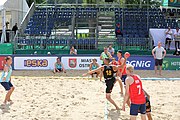 Deutsch: Beachhandball Europameisterschaften 2019 (Beach handball Euro); Tag 2: 3. Juli 2019 – Männer, Vorrunde Gruppe A, Spanien-Norwegen 1:2 (22:26, 28:22, 8:10) English: Beach handball Euro; Day 2: 3 July 2019 – Men Preliminary Round Group A - Spain-Norway 1:2 (22:26, 28:22, 8:10)