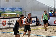 Deutsch: Beachhandball Europameisterschaften 2019 (Beach handball Euro); Tag 2: 3. Juli 2019 – Männer, Vorrunde Gruppe B, Russland-Dänemark 2:0 (22:16, 21:17) English: Beach handball Euro; Day 2: 3 July 2019 – Women Preliminary Round Group A – Men Preliminary Round Group B – Russia-Denmark 2:0 (22:16, 21:17)