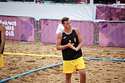 Deutsch: Beachhandball bei den Olympischen Jugendspielen 2018; Tag 6, 12. Oktober 2018; Jungen, Hauptrundenspiel – Spanien-Portugal 2:1 English: Beach handball at the 2018 Summer Youth Olympics at 12 October 2018 – Boys Main Round – Spain-Portugal 2:1