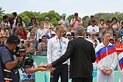 Deutsch: Beachvolleyball bei den Olympischen Jugendspielen 2018; Tag 11, 17. Oktober 2018; Mädchen, Medaillenzeremonie - Gold: Russland (Maria Woronina & Maria Botscharow), Silber: Italien (Claudia Scampoli & Nicol Bertozzi), Bronze: Norwegen (Emilie Olimstad & Frida Berntsen) English: Beach volleyball at the 2018 Summer Youth Olympics at 17 October 2018 – Girls Victory ceremony - Gold: Russia (Maria Voronina & Maria Bocharov), Silber: Italy (Claudia Scampoli & Nicol Bertozzi), Bronze: Norway (Emilie Olimstad & Frida Berntsen)